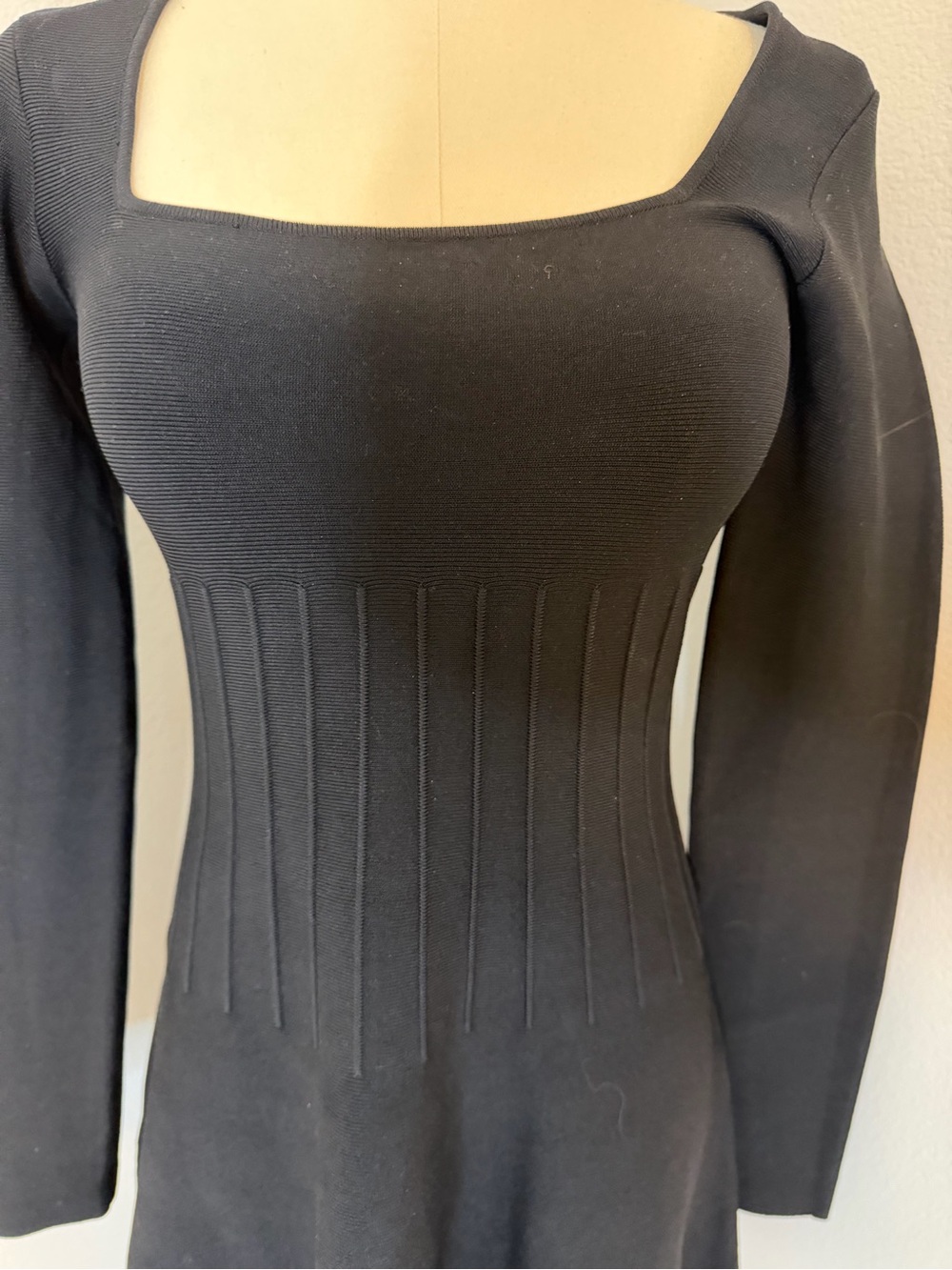 STAUD Black‎ Long-Sleeve Square Neck Tight Knit Dress - Size Small - Picture 2 of 4